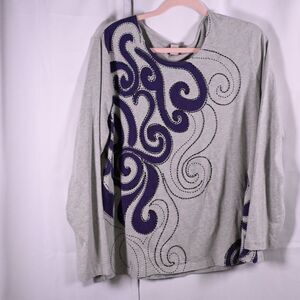 Chicos 2 Womens 12 Gray Beaded Long Sleeve Graphic Tee T-Shirt Blouse